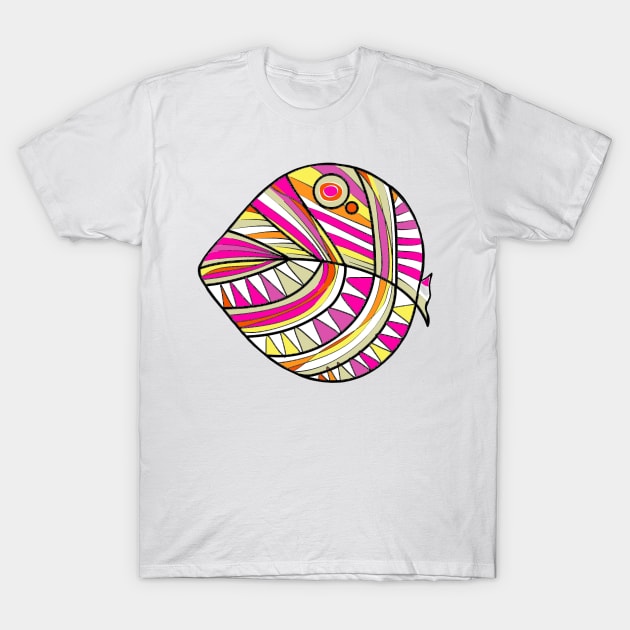 Mazipoodles New Fish Head Leaf White Magenta Orange Yellow Ecru Distressed T-Shirt by Mazipoodles